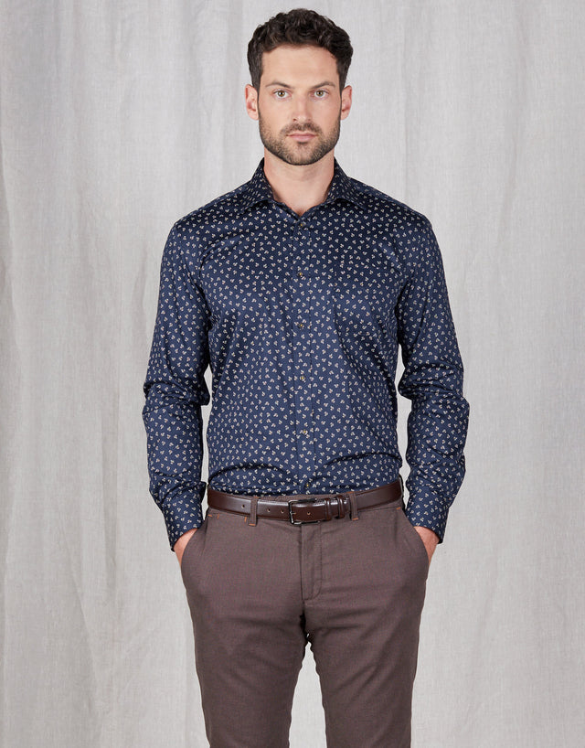 Sinatra Navy & Yellow Autumn Leaves Print Shirt