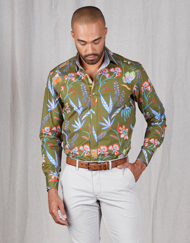 Barbican Green Floral Print Shirt