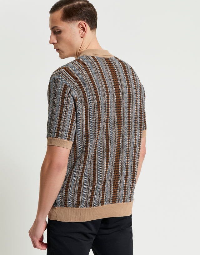 Ben Sherman Textured Striped Knitted Dark Navy Short Sleeve Shirt