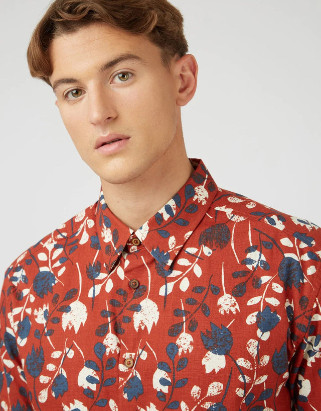 Ben Sherman Stencil Floral Print Cinnamon Short Sleeve Shirt