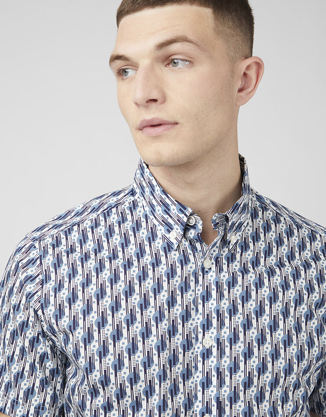 Ben Sherman Retro Print Blue Shadow Short Sleeve Shirt