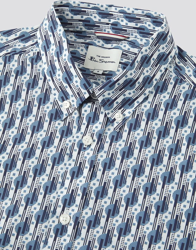 Ben Sherman Retro Print Blue Shadow Short Sleeve Shirt