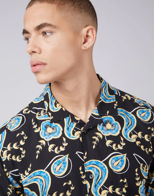 Ben Sherman Block Floral Print Black Short Sleeve Shirt