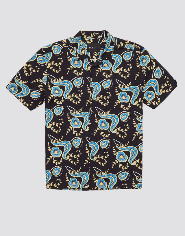 Ben Sherman Block Floral Print Black Short Sleeve Shirt