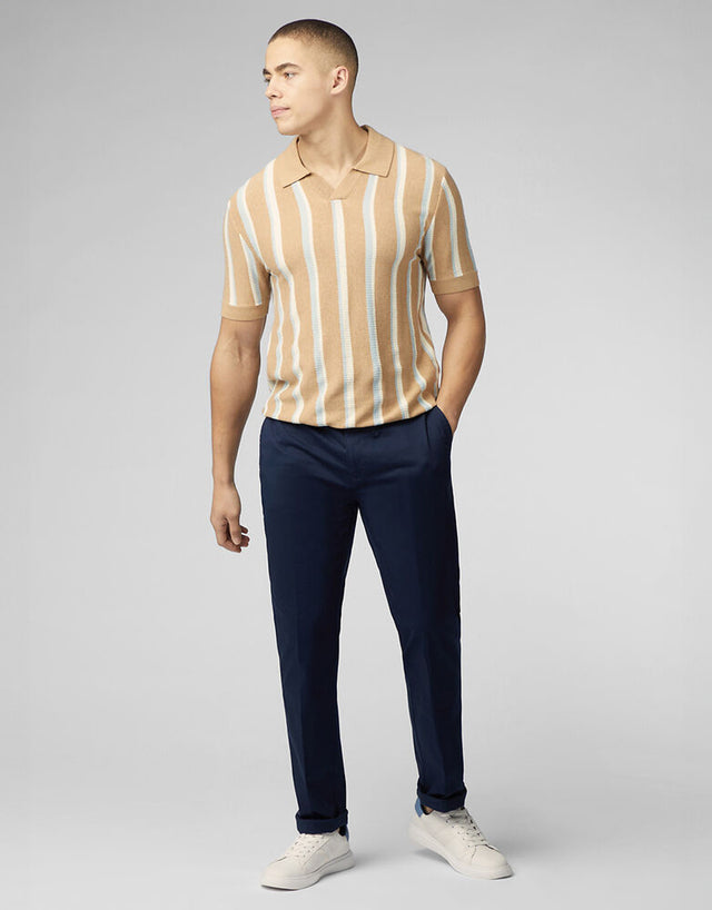 Ben Sherman Vertical Stripe Open Neck Stone Polo