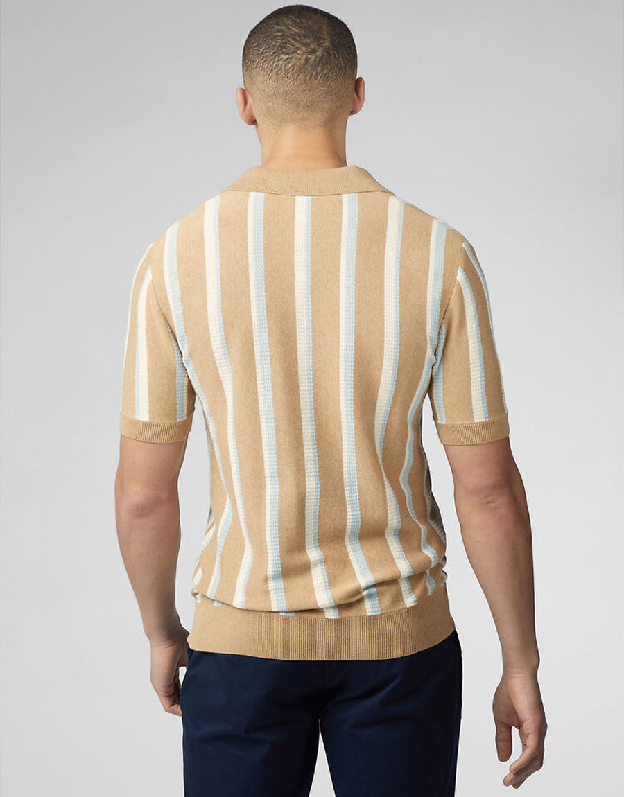 Ben Sherman Vertical Stripe Open Neck Stone Polo
