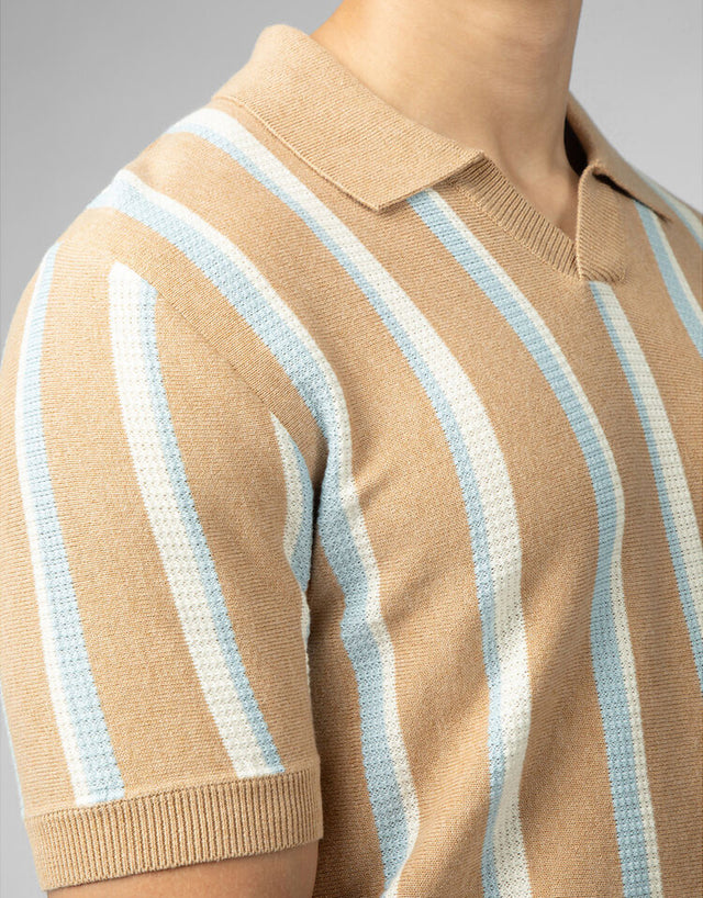 Ben Sherman Vertical Stripe Open Neck Stone Polo