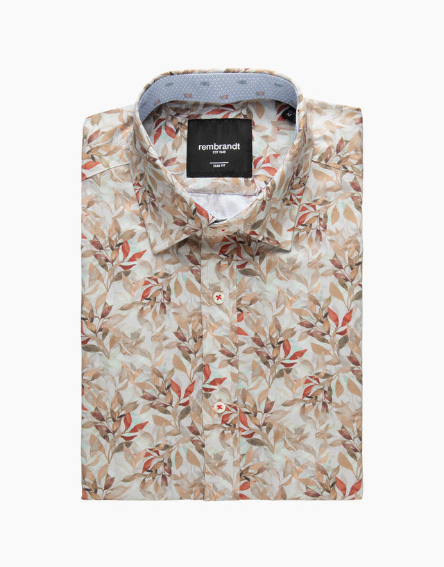 Barbican Beige & Red Leaf Print Shirt