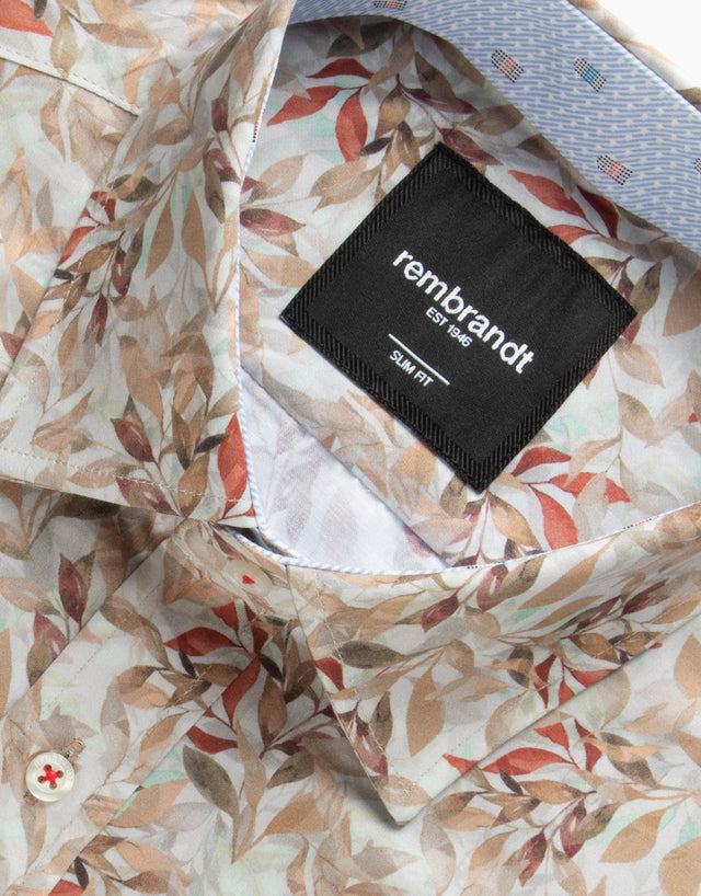 Barbican Beige & Red Leaf Print Shirt