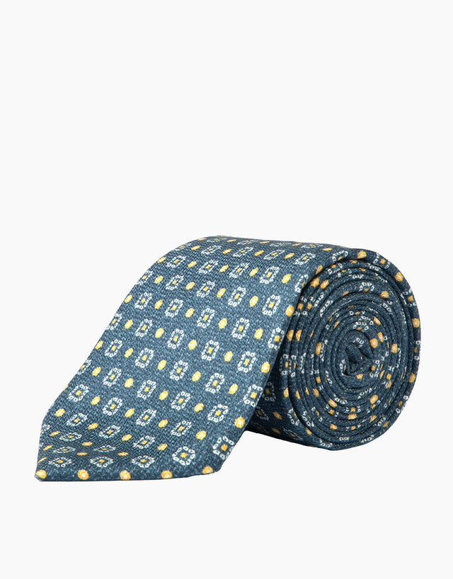 Navy & Yellow Floral Geometric Silk Tie