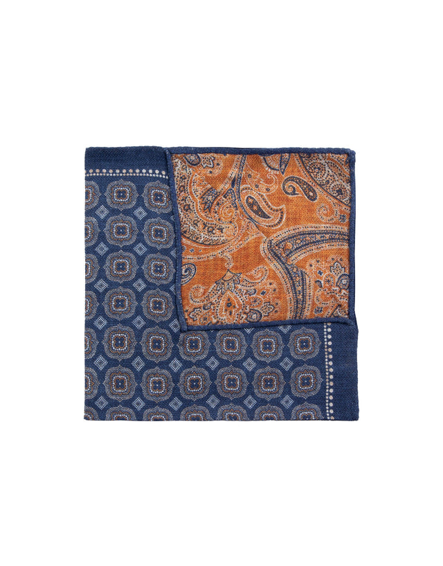 Orange Paisley & Navy Medallion Reversible Pocket Square