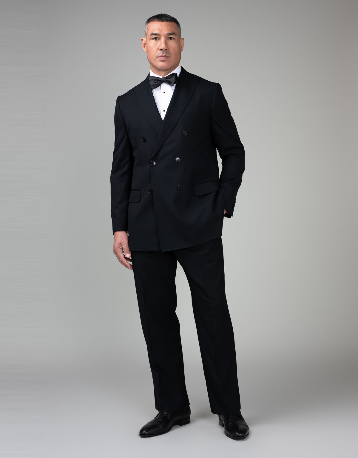 Doppio Jet Black Double Breasted Suit - black tie, front full length