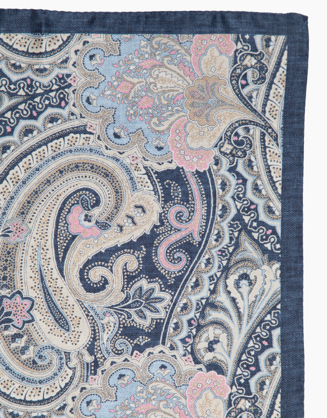 Beige, Pink & Blue Paisley Silk Pocket Square