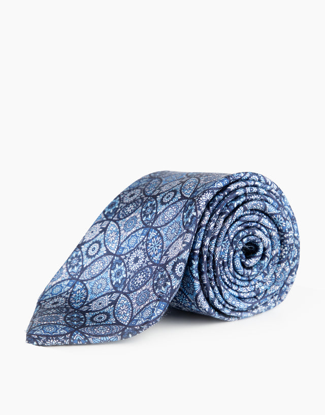 Blue Medallion Geometric Silk Tie