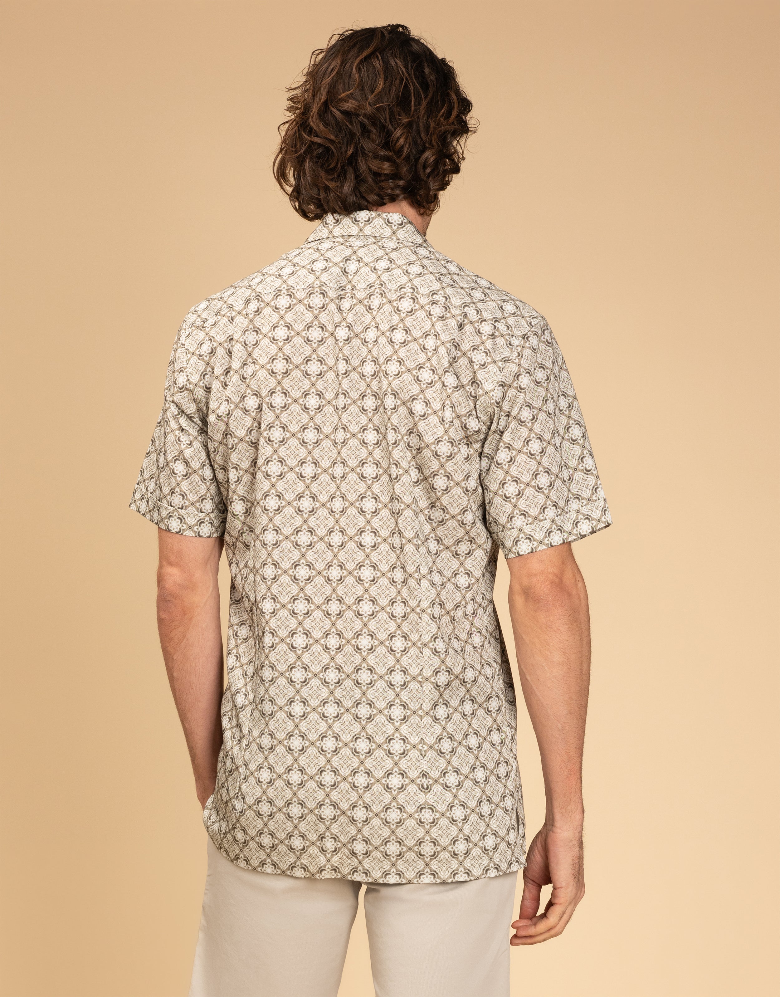 Hahei Olive Green Geometric Short Sleeve Shirt