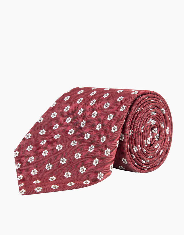 Red Herringbone Floral Silk Tie