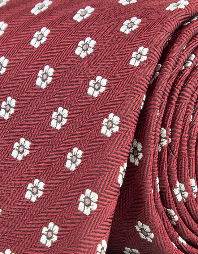 Red Herringbone Floral Silk Tie