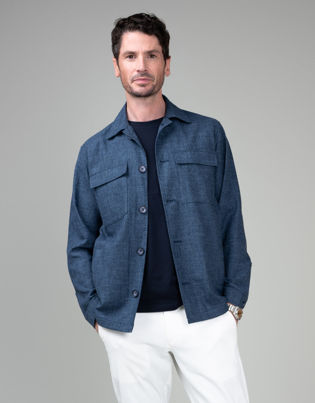 Devonport Pacific Blue Linen-Slub Shirt Jacket - front