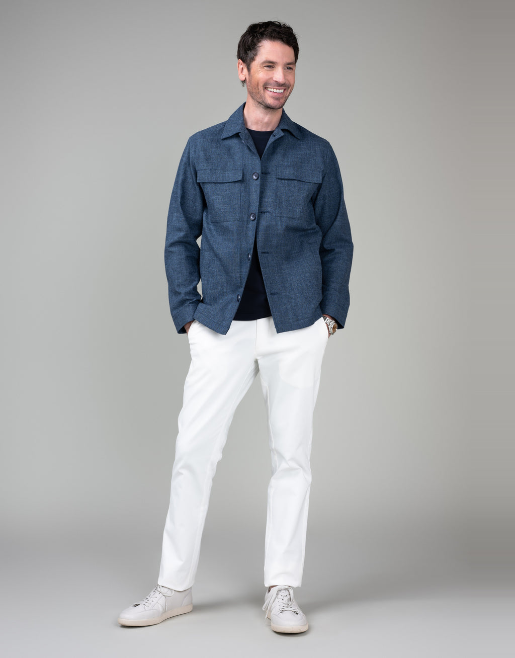 Devonport Pacific Blue Linen-Slub Shirt Jacket - full length