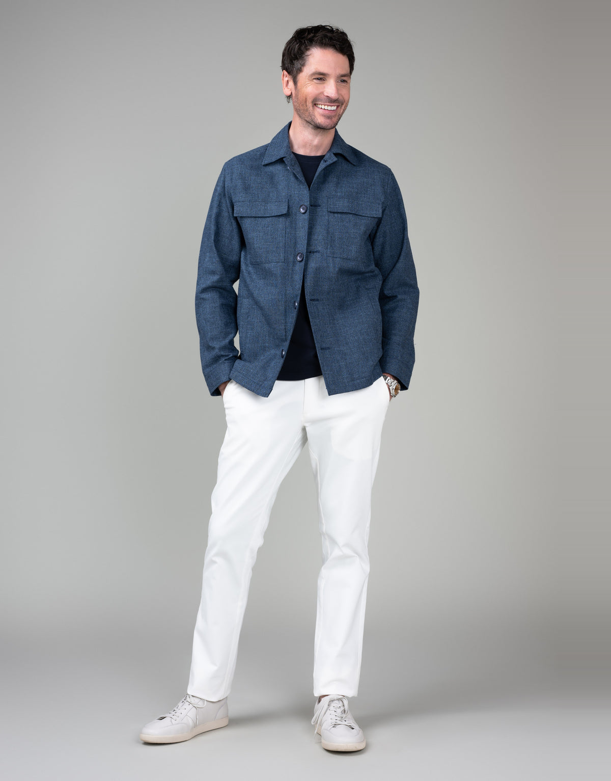 Devonport Pacific Blue Linen-Slub Shirt Jacket - full length