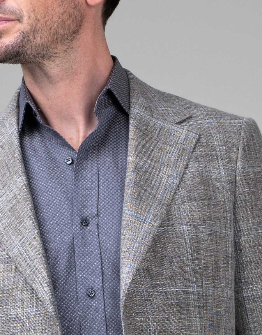 Malta Light Brown & Blue Linen Check Blazer - lapel detail