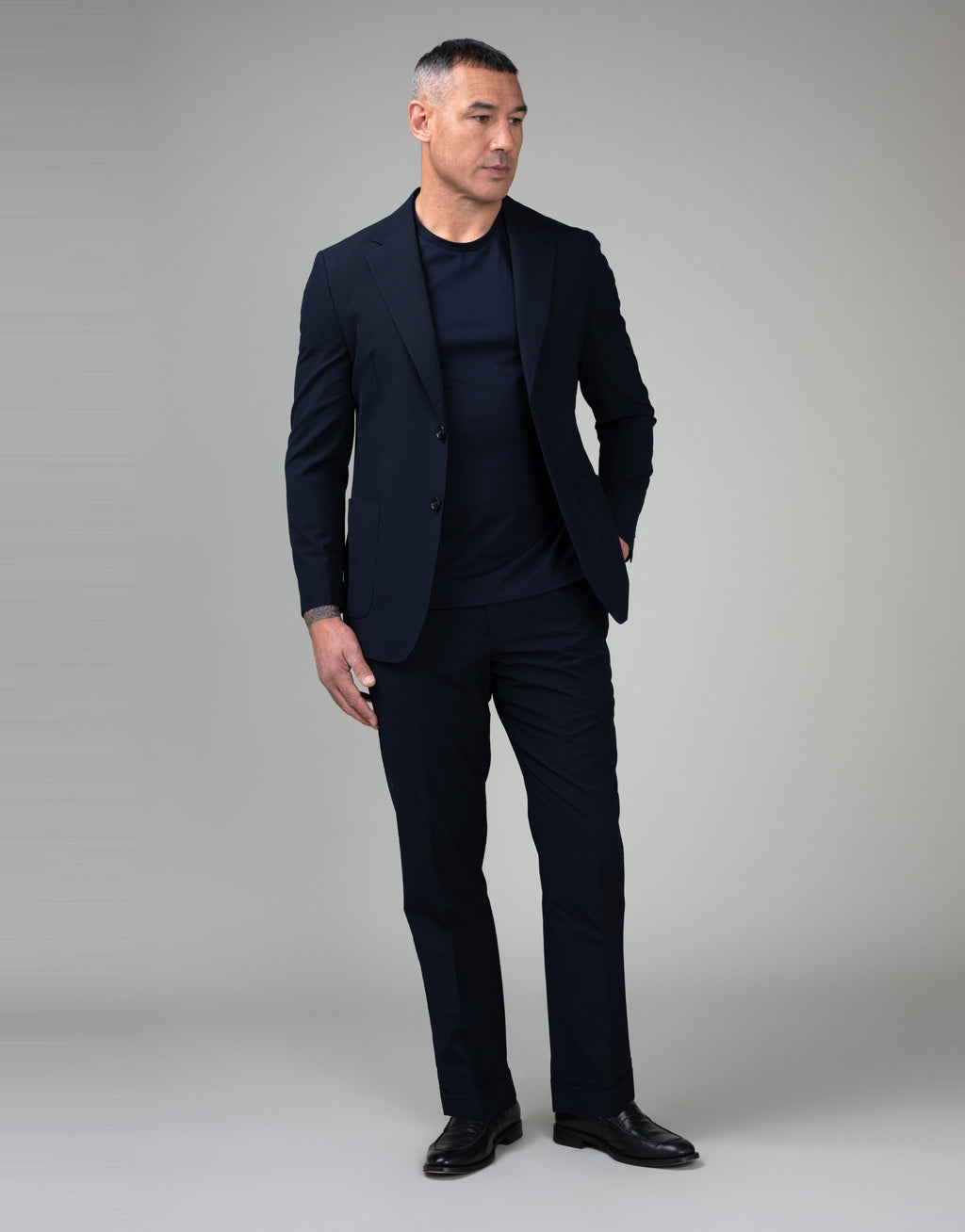 Evans Navy Seersucker Trouser - full length