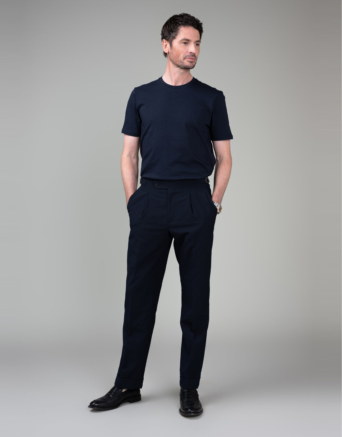 Evans Navy Seersucker Trouser - full length