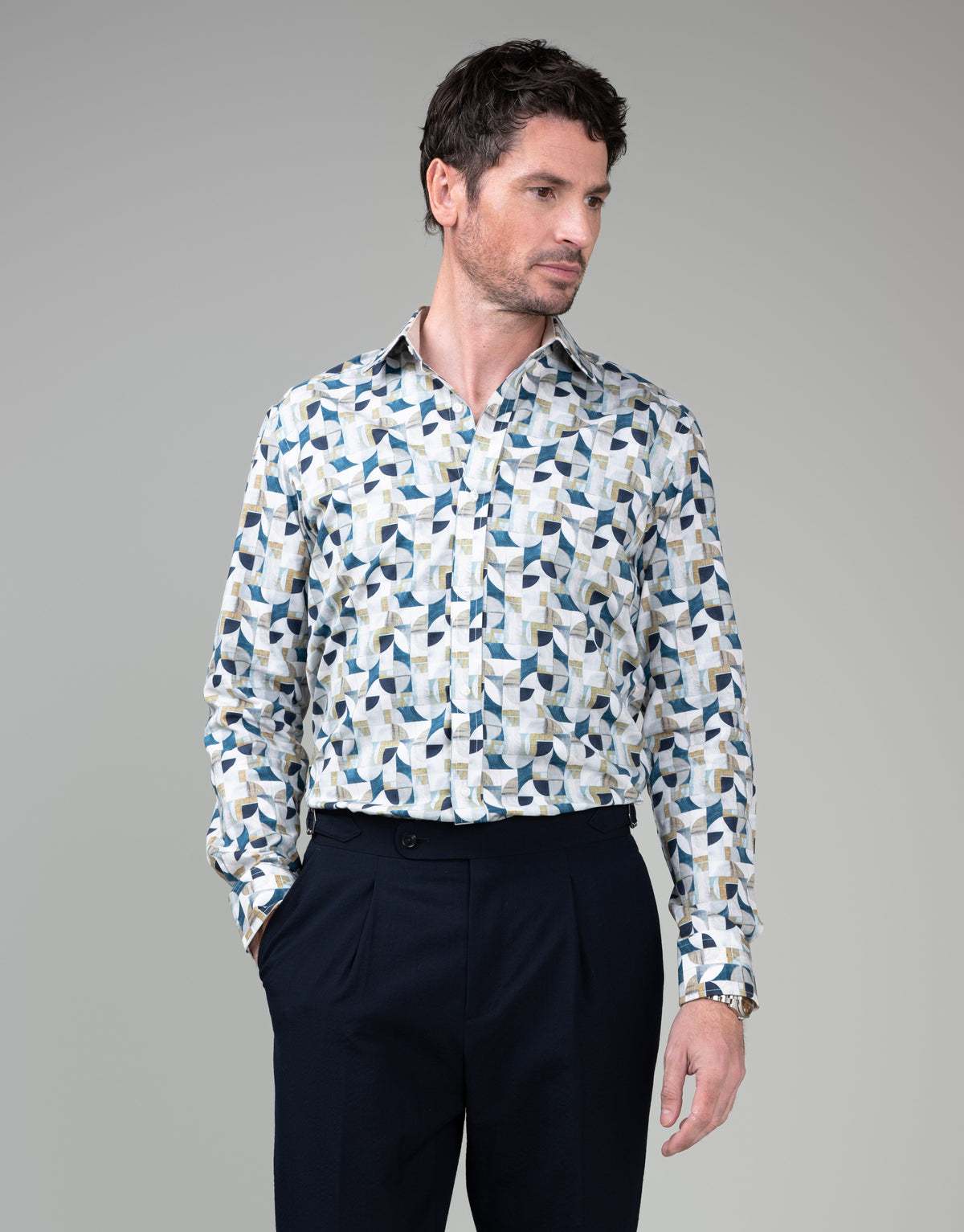 Barbican White, Sand & Blue Abstract Shirt - front