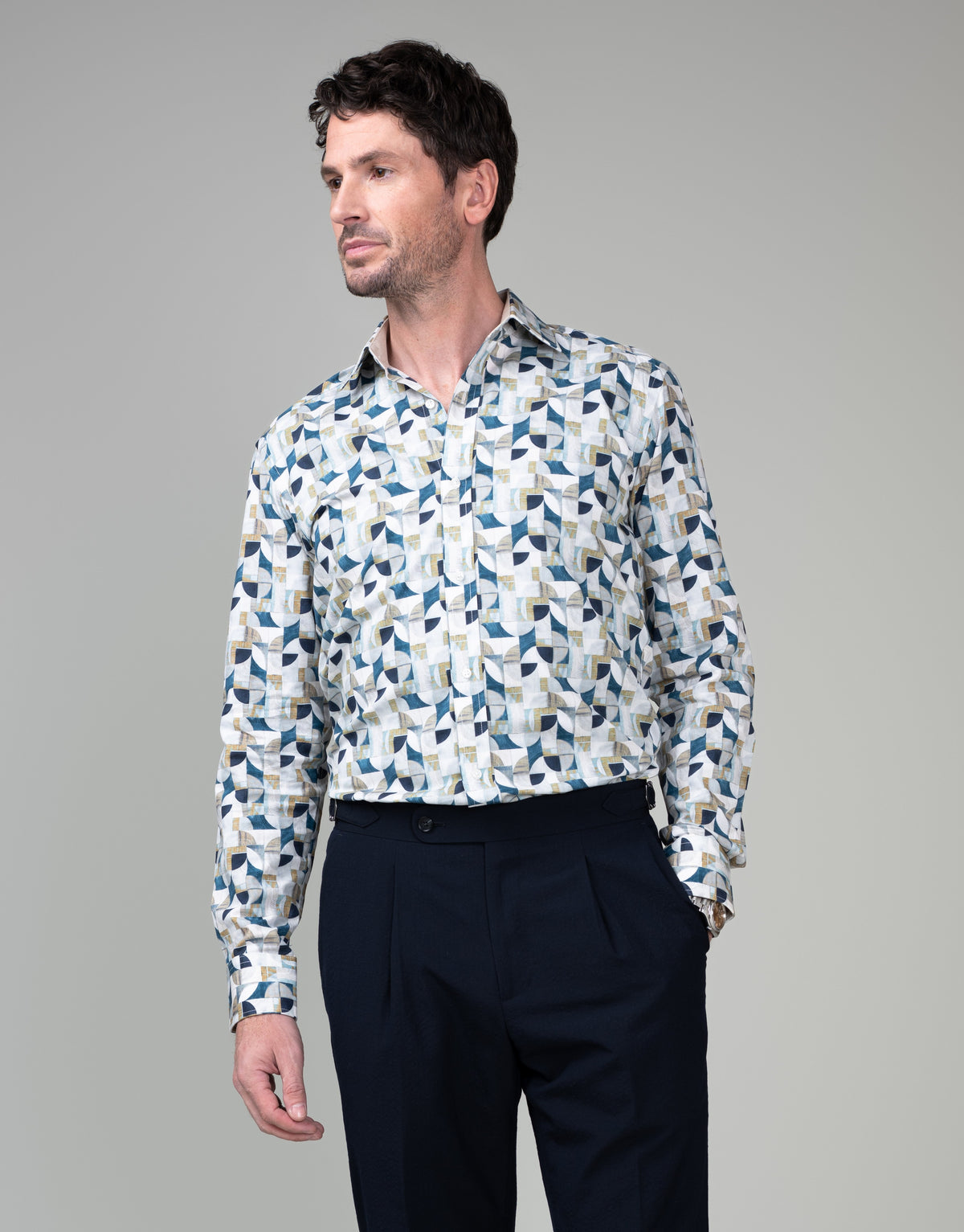 Barbican White, Sand & Blue Abstract Shirt - front