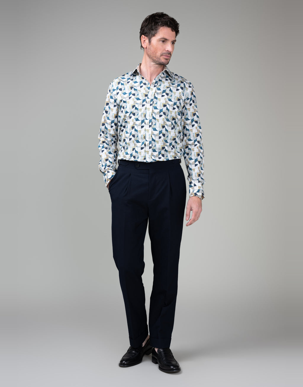 Barbican White, Sand & Blue Abstract Shirt - full length