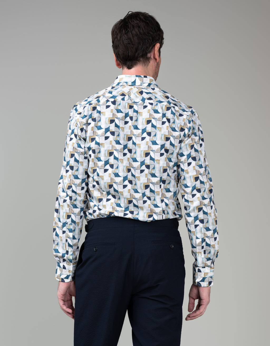 Barbican White, Sand & Blue Abstract Shirt - back
