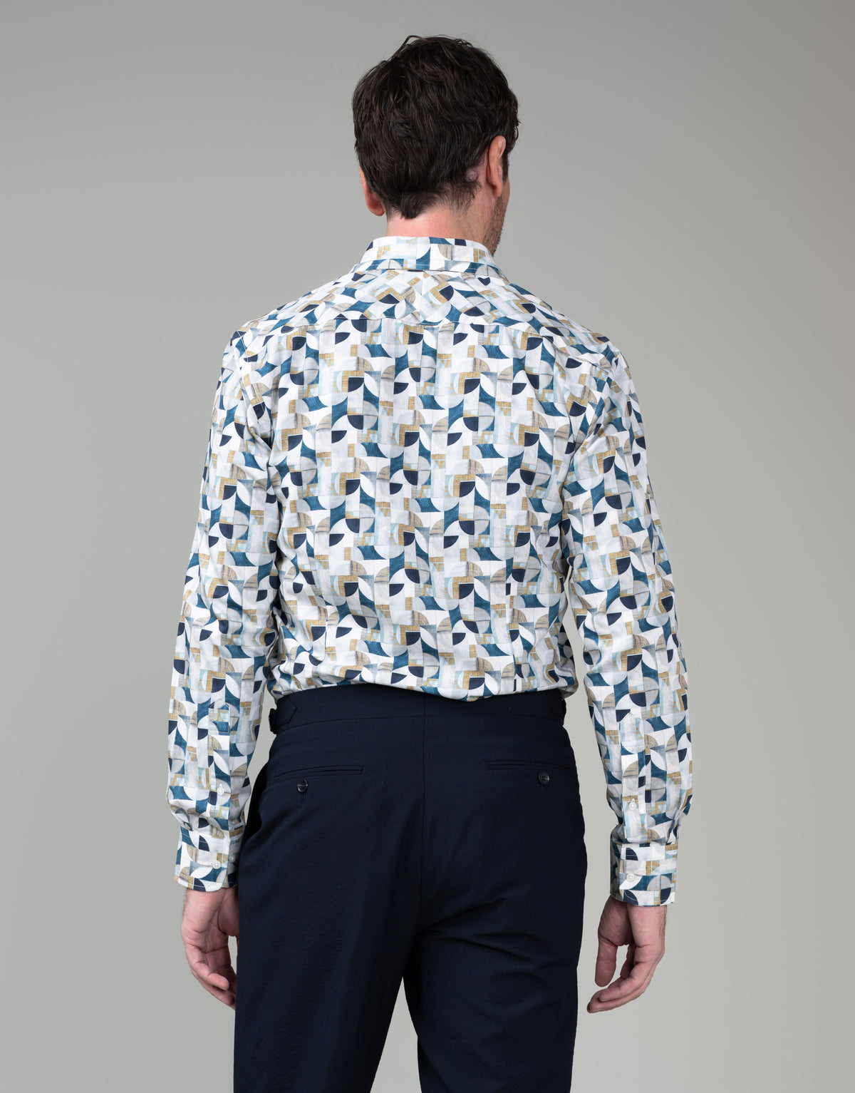 Barbican White, Sand & Blue Abstract Shirt - back