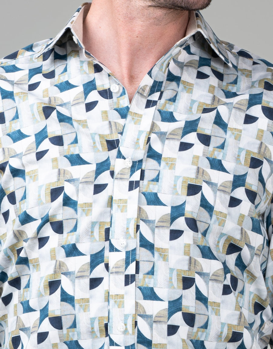 Barbican White, Sand & Blue Abstract Shirt - contrast collar trim detail