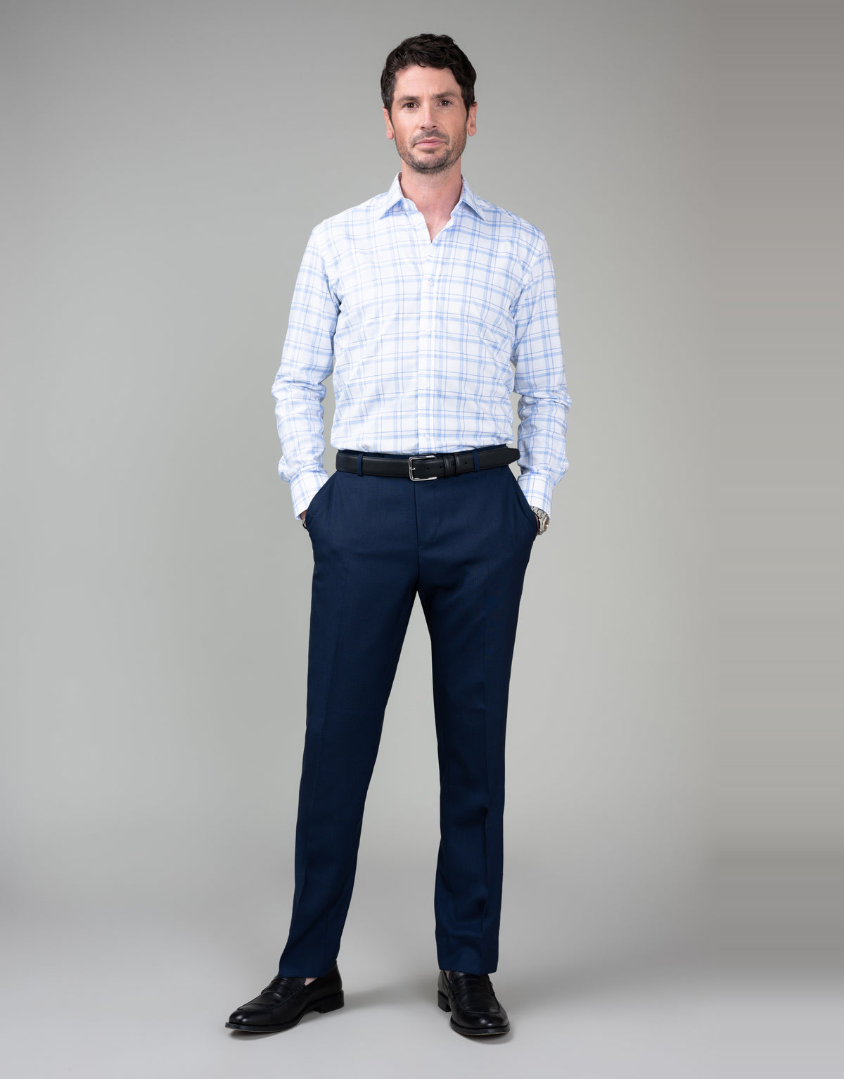 London White & Blue Herringbone Check Shirt - full length