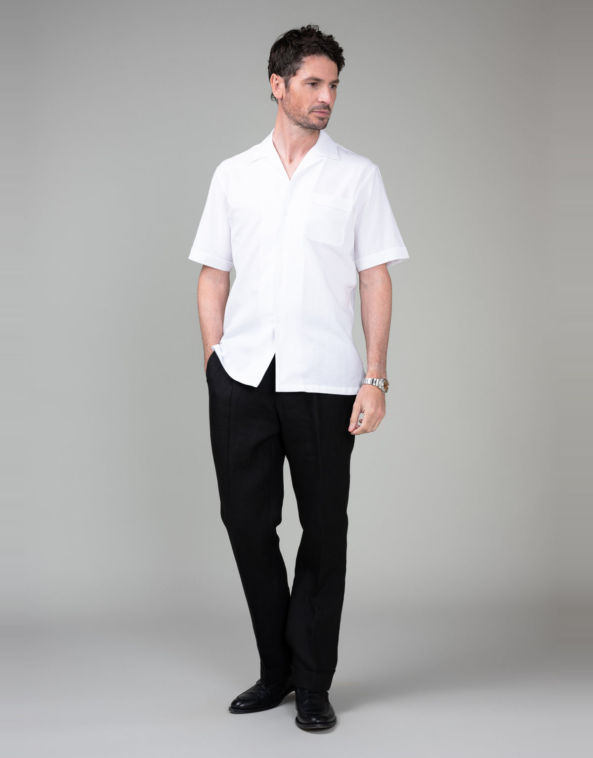 Hahei White Seersucker Short Sleeve Shirt - full length