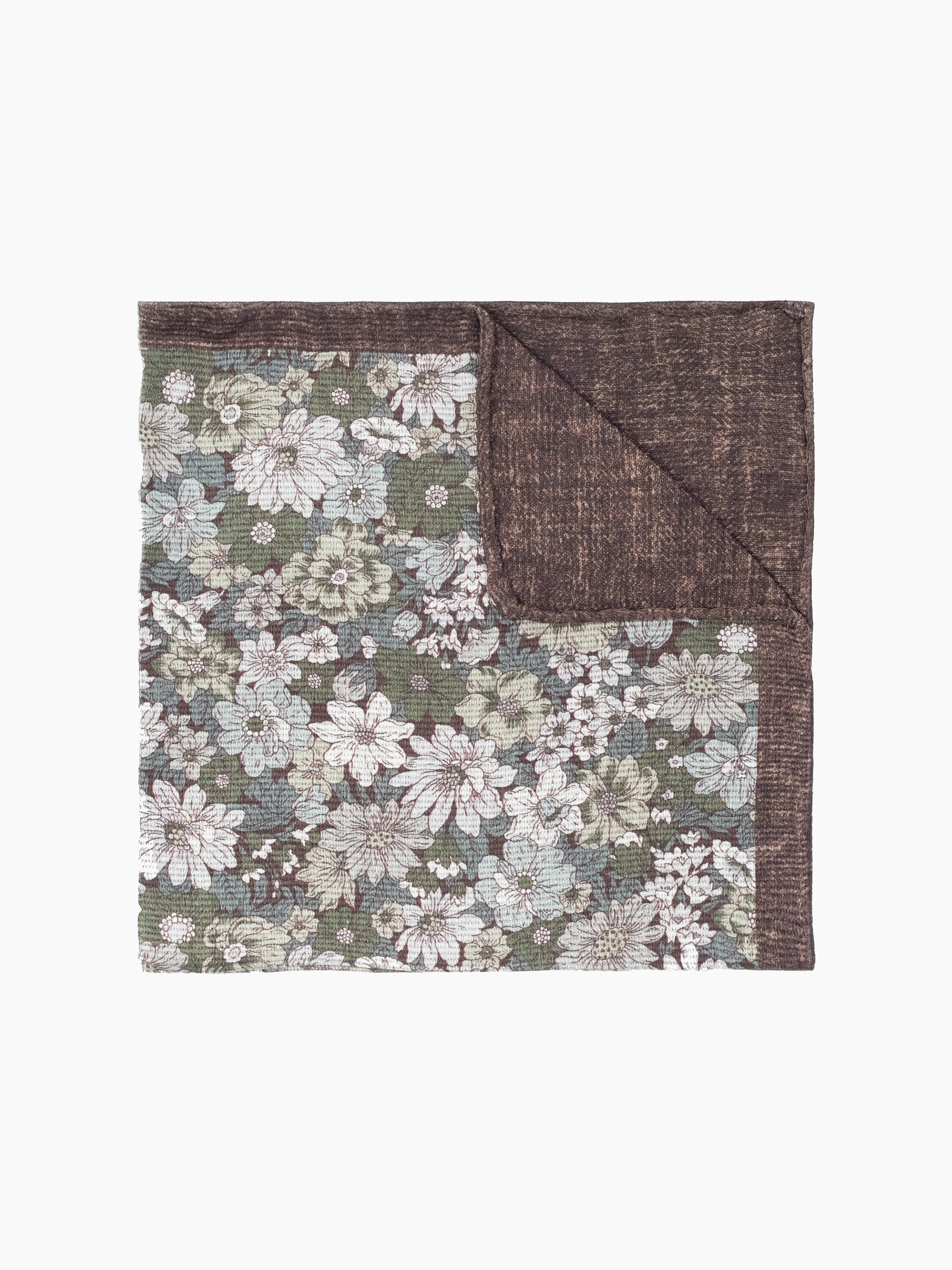 Brown & Green Floral Reversible Italian Silk Pocket Square