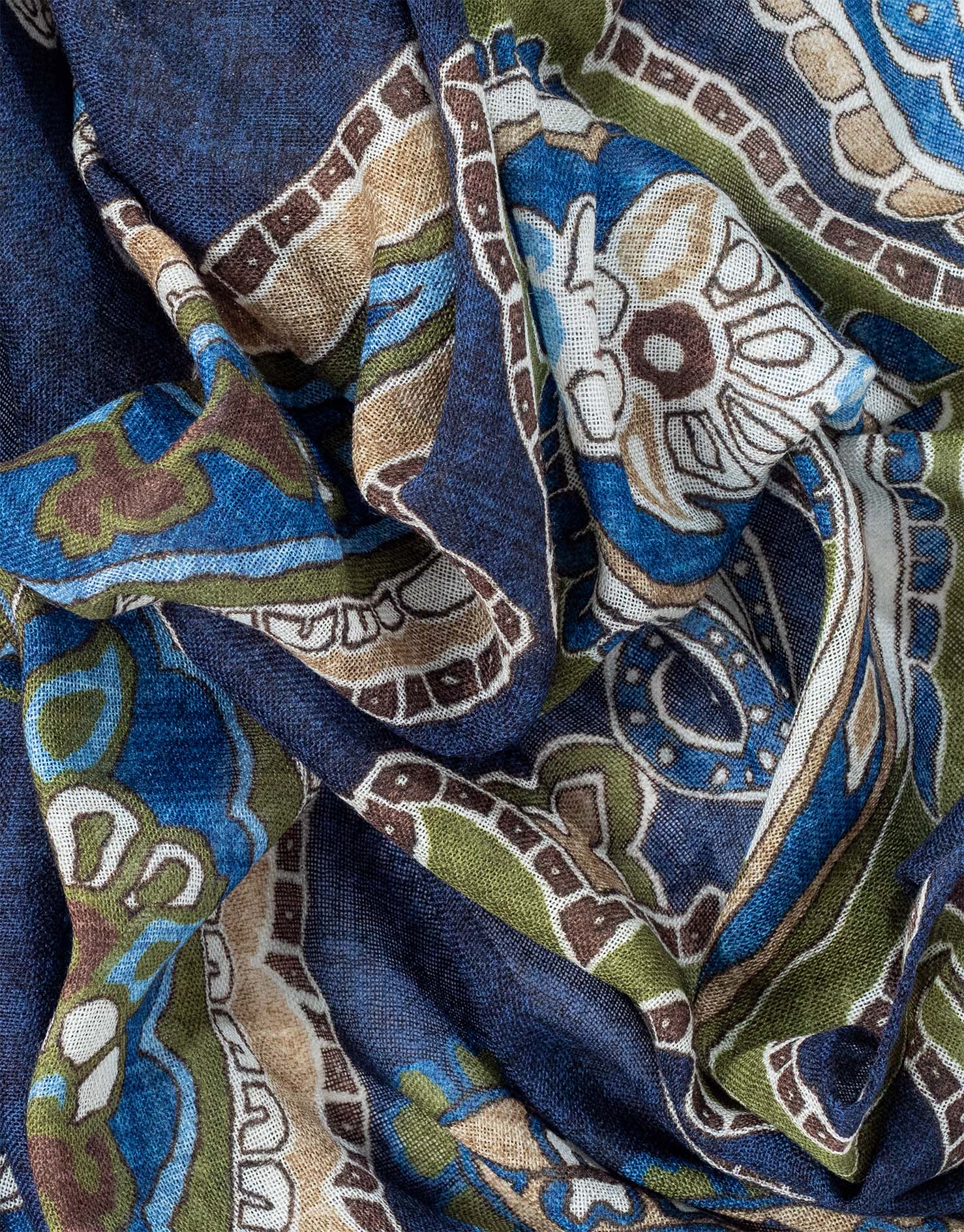 Blue Beige & Green Paisley Italian Wool Scarf