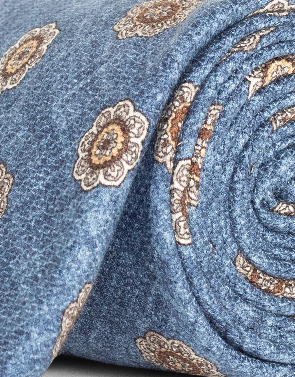 Blue & Brown Floral Medallion Italian Silk Tie