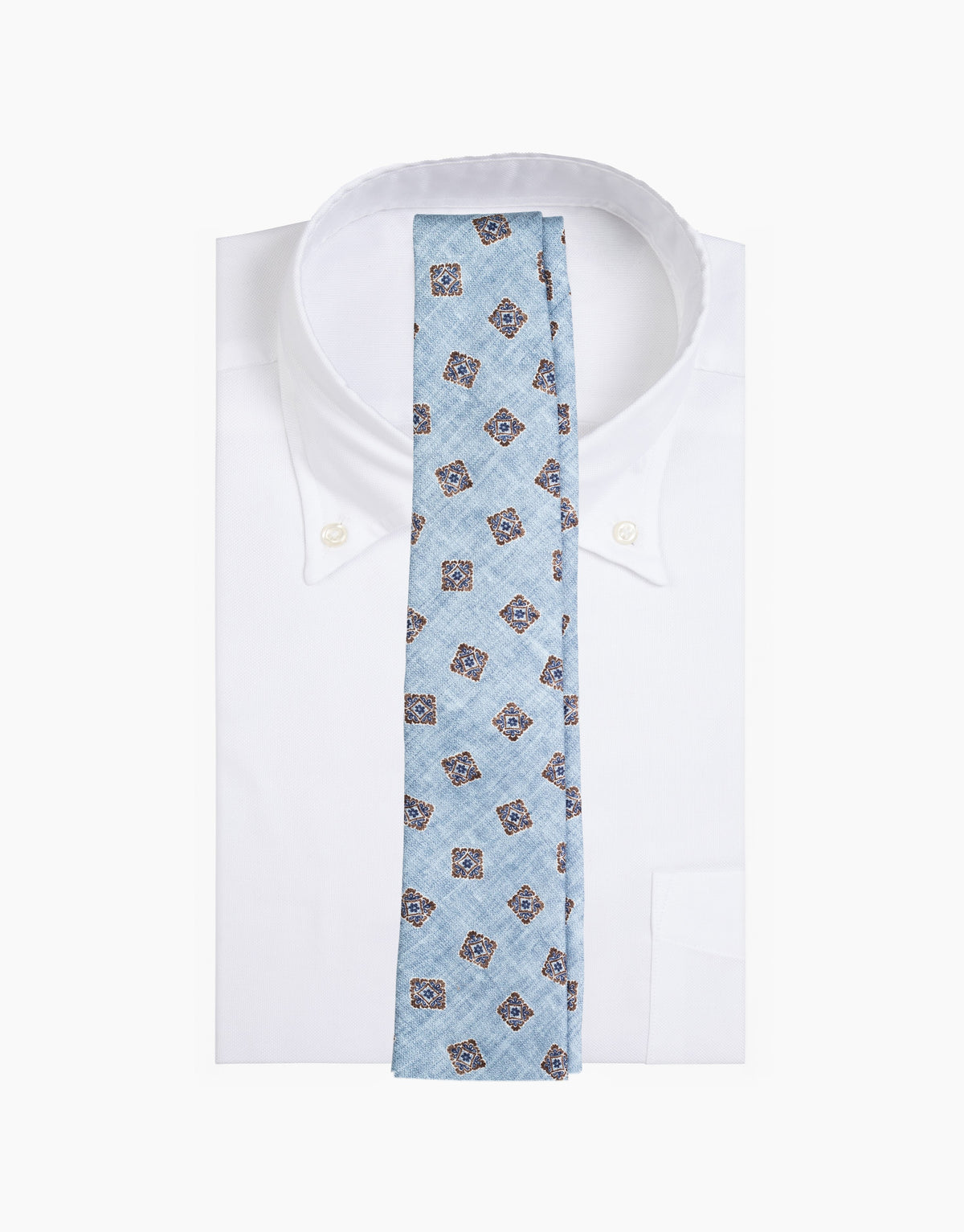 Sky Blue Foulard Italian Silk Tie - on a white shirt
