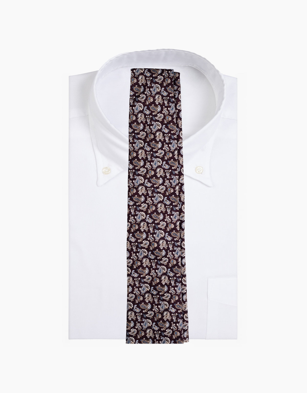 Mahogany Brown Paisley Italian Silk Tie - on a white shirt