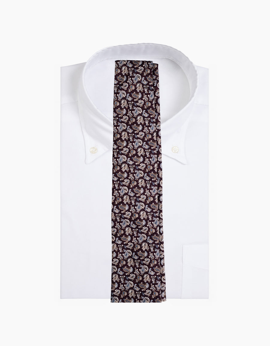 Mahogany Brown Paisley Italian Silk Tie - on a white shirt