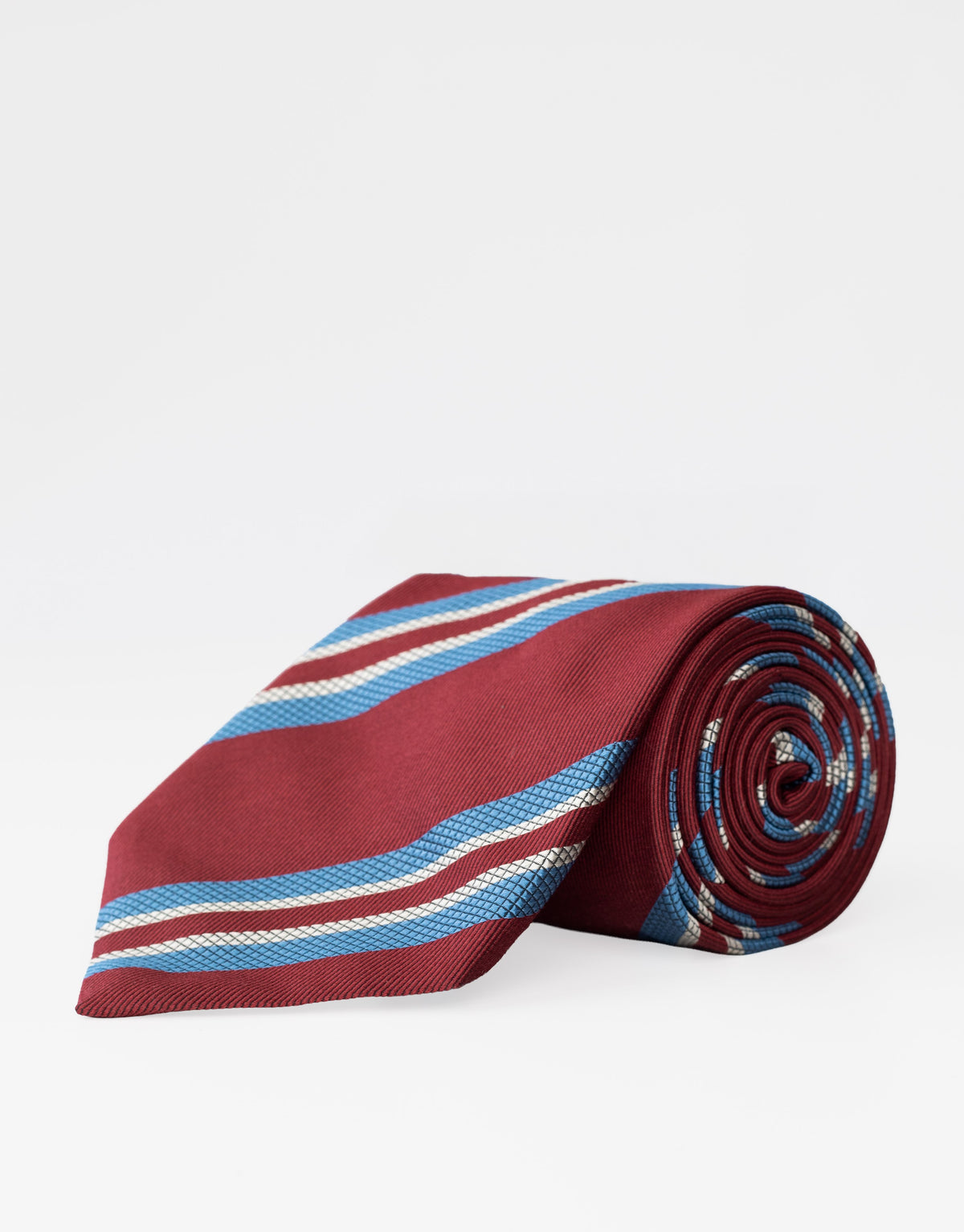 Burgundy & Blue Stripe Jacquard Italian Silk Tie - rolled