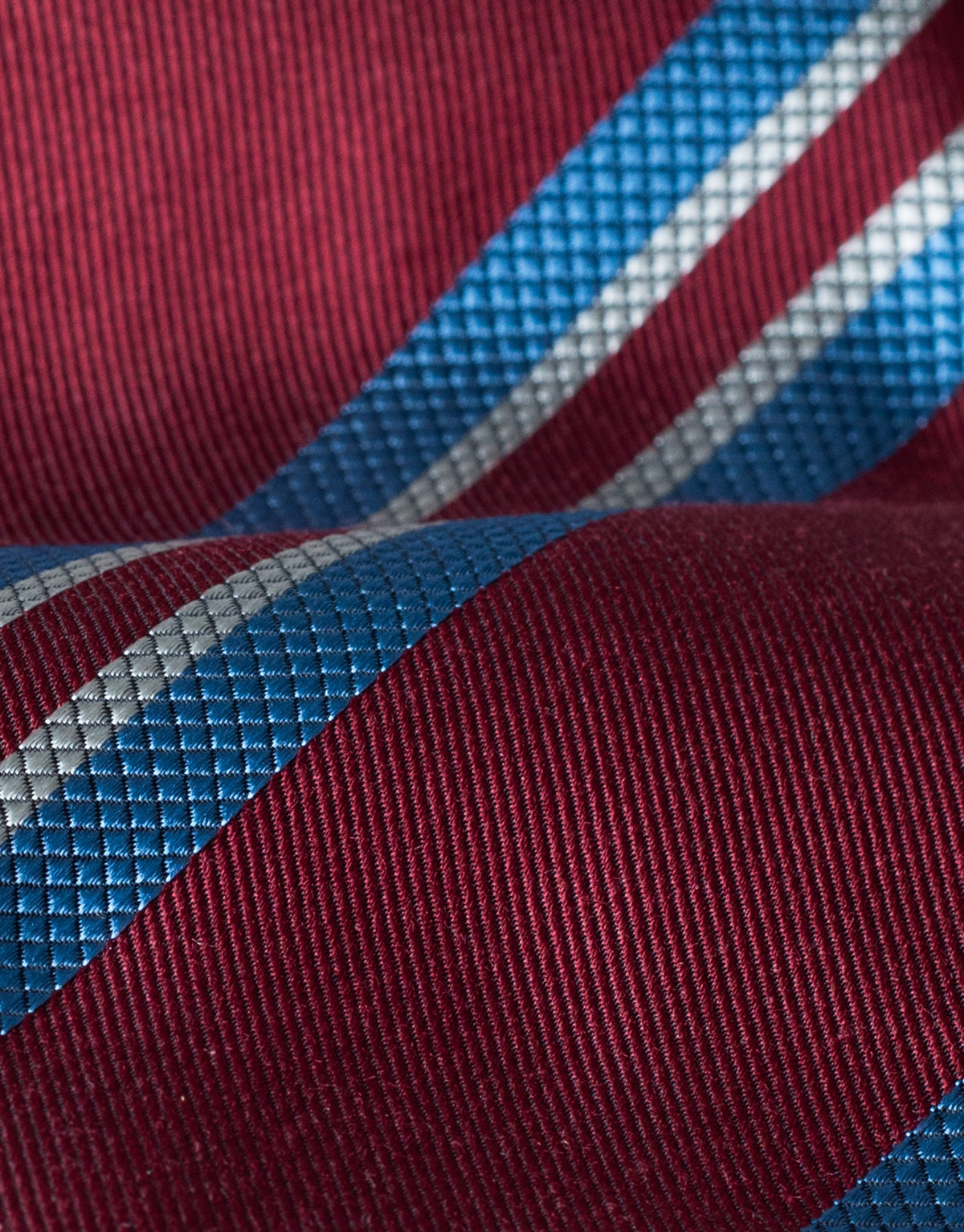 Burgundy & Blue Stripe Jacquard Italian Silk Tie - fabric close-up
