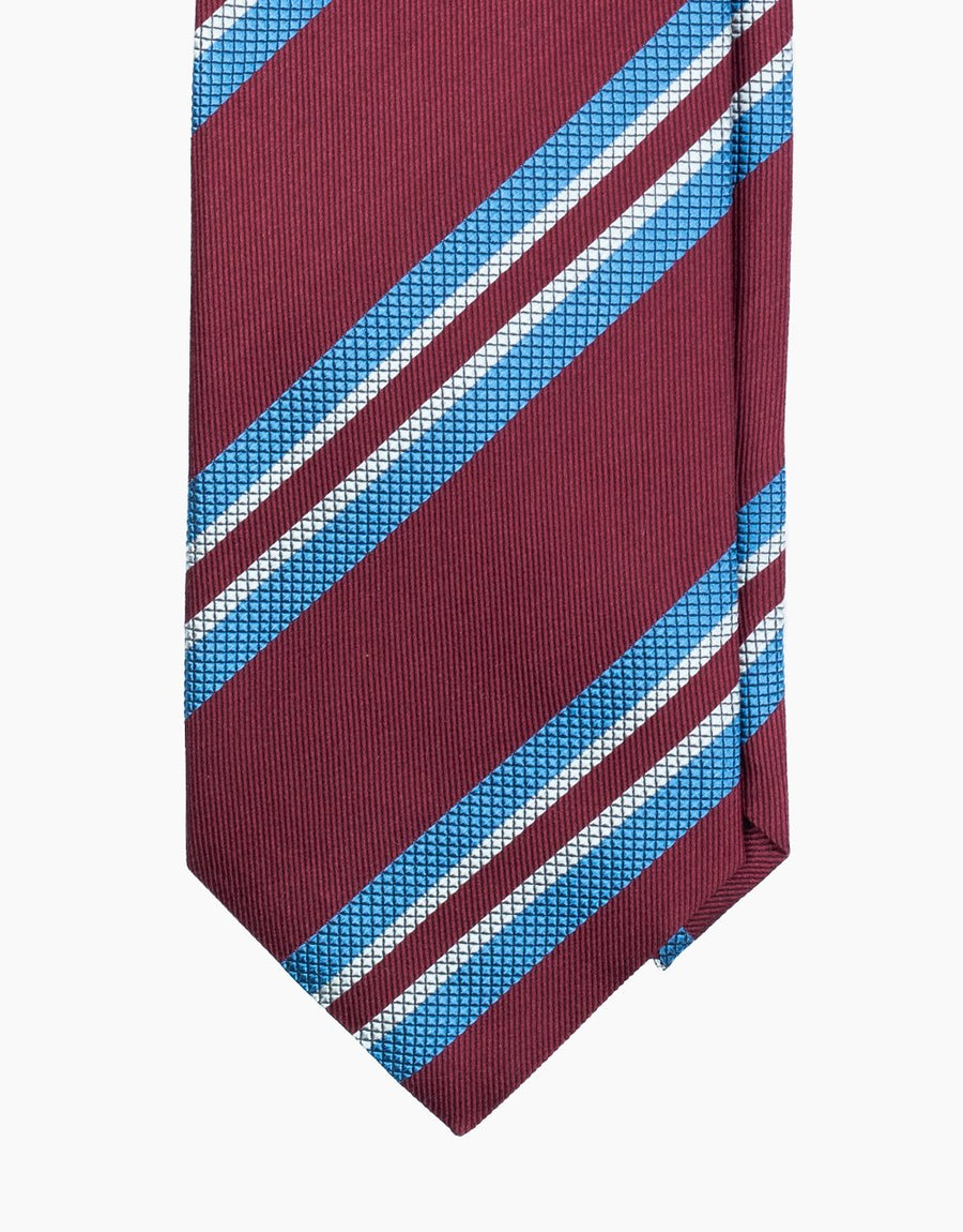 Burgundy & Blue Stripe Jacquard Italian Silk Tie - tie point