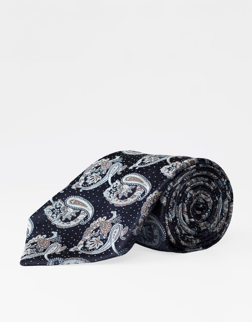 Black Paisley Jacquard Italian Silk Tie - rolled