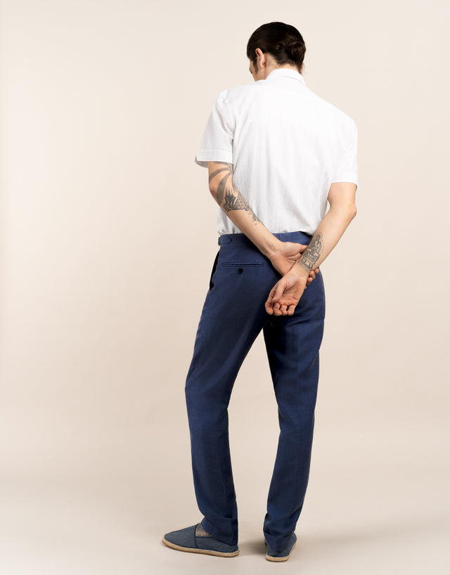 Evans Denim Blue Linen-Wool Blend Twill Trouser