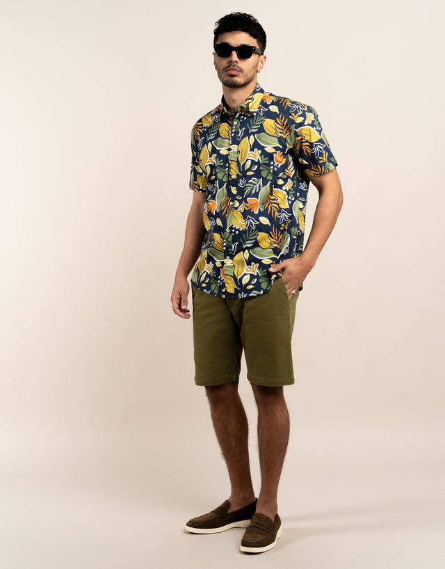 Waihi Navy Large Painted Leaf Print Short Sleeve Shirt