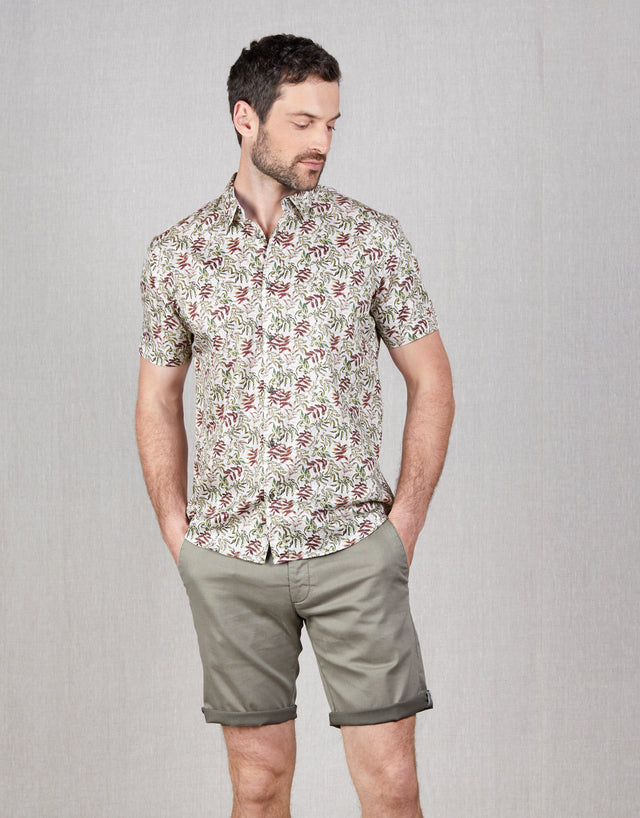 Waihi Green & Brown Leaves Print Short Sleeve Shirt