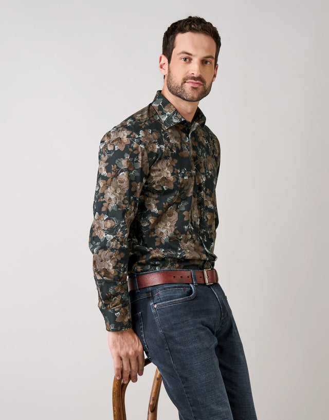 Sinatra Black & Pink Rose Print Shirt