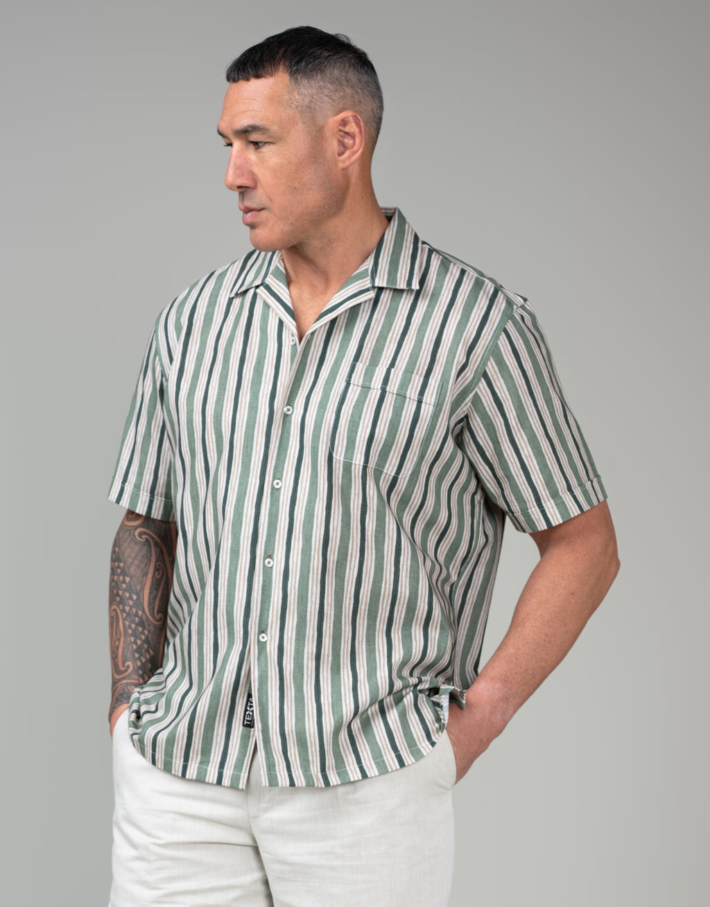 Hahei Green & Brown Painted Stripe Print Shirt